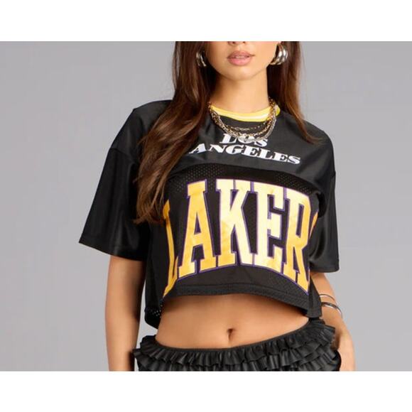 NBA Lakers Crop Tee Los Angeles Lakers Size XS Black Yellow - Picture 5 of 5